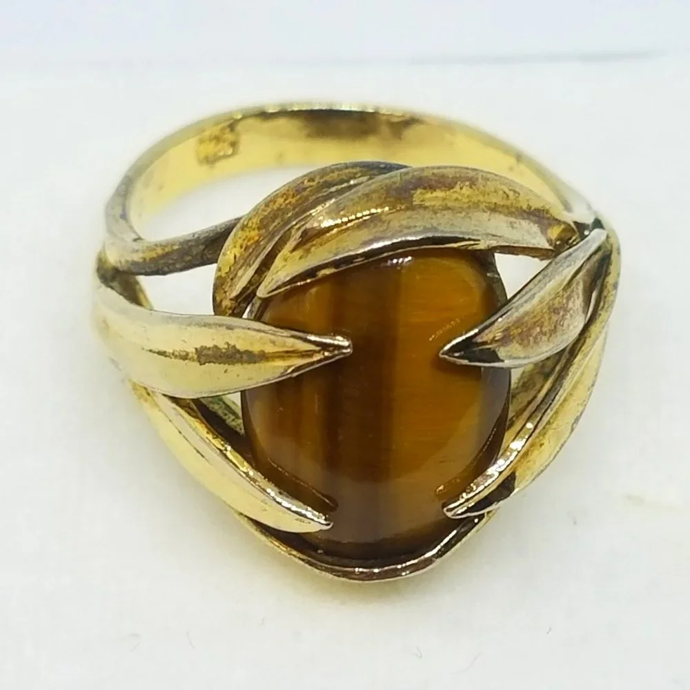 Vintage Oval Tiger Eye Stone Ring set in 925 Gold Plated Sterling Silver Ring